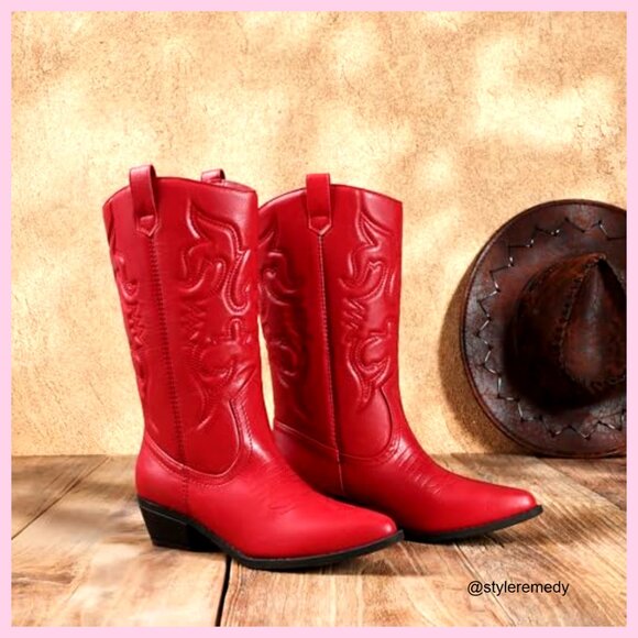 Women's Mid Calf Western Boots Pull On Cowgirl Boots 1.37 Inch Heel - Picture 3 of 7